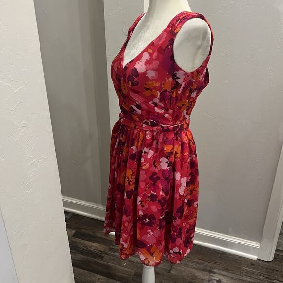 Express Pink Red Floral Faux Wrap Sheath Belted Dress Sz 0 Zipper (A0126) - Picture 2 of 7